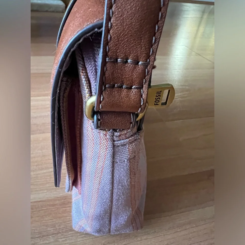 Fossil Leather & Stripe Canvas Crossbody Bag Brown Multicolor